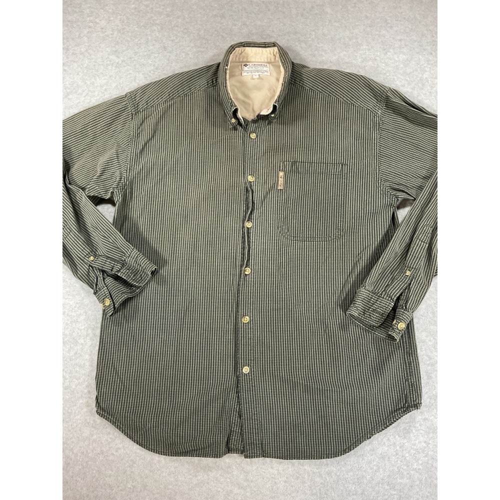 Columbia Mens Green Black Micro Check Cotton Long Sleeve Button Down Large 2545